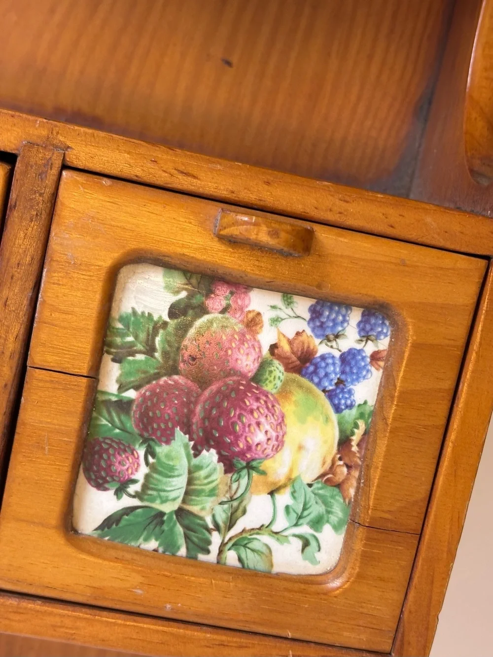 Vintage Wooden Spice Box/Apacathary-Inlay Fruit Tile Drawers-Wall Decor Storage